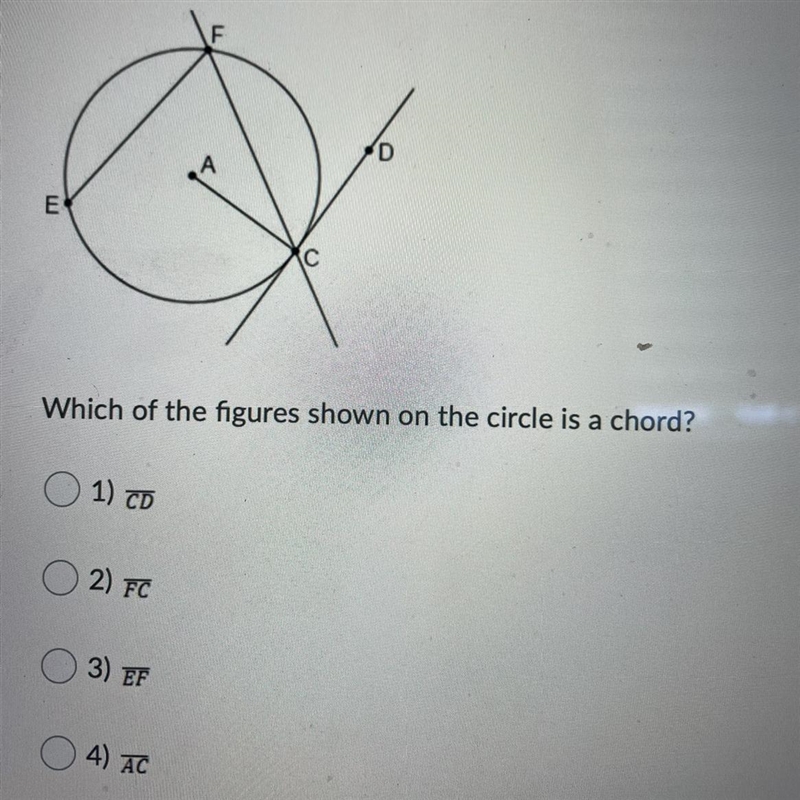 Which of the figures shown on the circle is a chord?-example-1