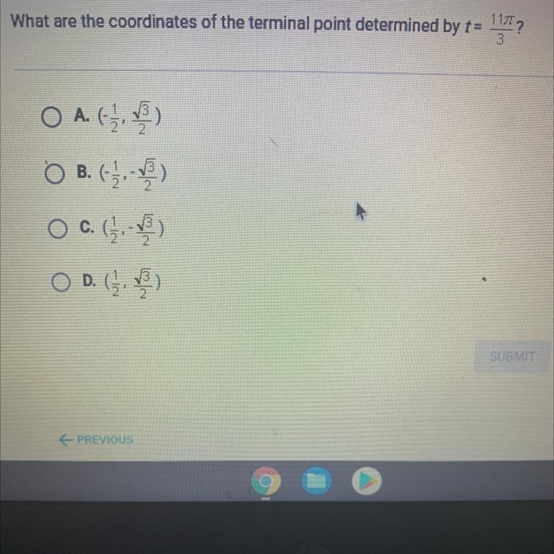 What are the coordinates ofthe terminal point determined by t= 11(pi)/3-example-1