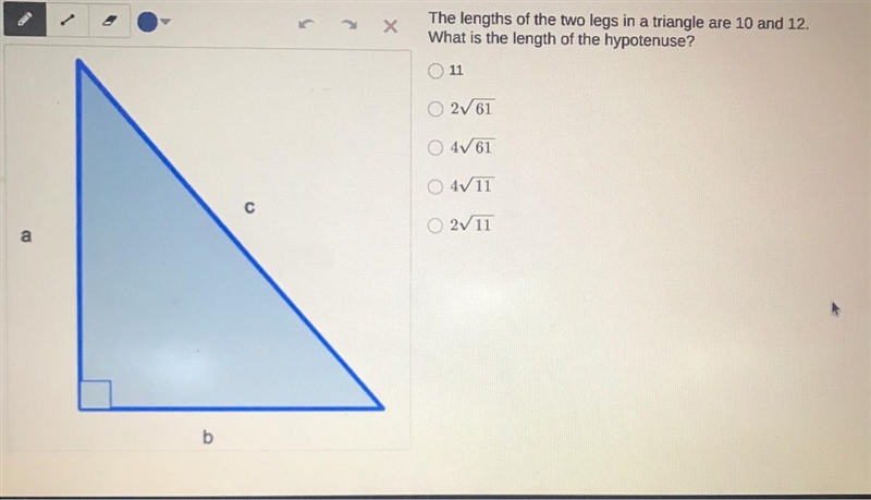 The lengths of the two legs in a triangle are 10 and 12.What is the length of the-example-1