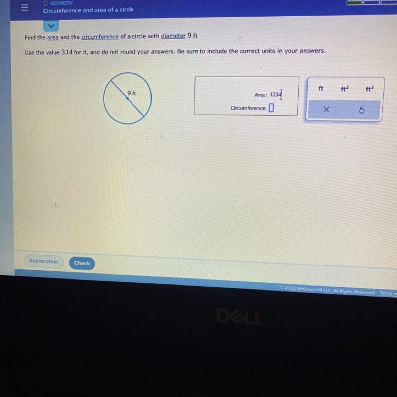 Find the area and the circumstances of a circle with diameter 9ft. Use the value 3.14 for-example-1