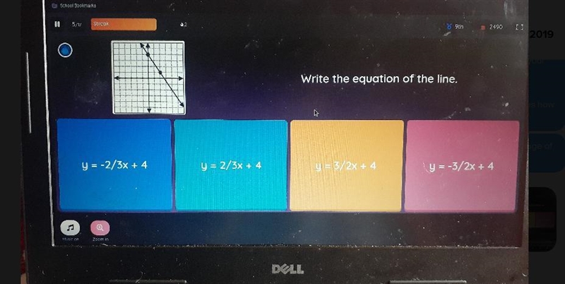 Write the equation of the line, y = -2/3x + 4 y = 2/3x + 4 y = 3/2x + 4 y = -3/2% 4 4-example-1