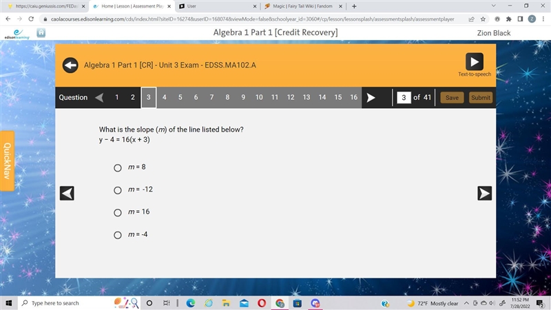 What is the slope (m) of the line listed below?y − 4 = 16(x + 3)-example-1