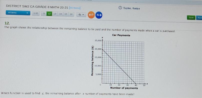 Which function is used to find y, the remaining balance after x number of payments-example-1