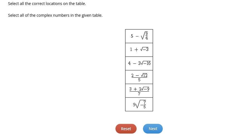 Select all the correct locations on the table. Select all the complex numbers in the-example-1