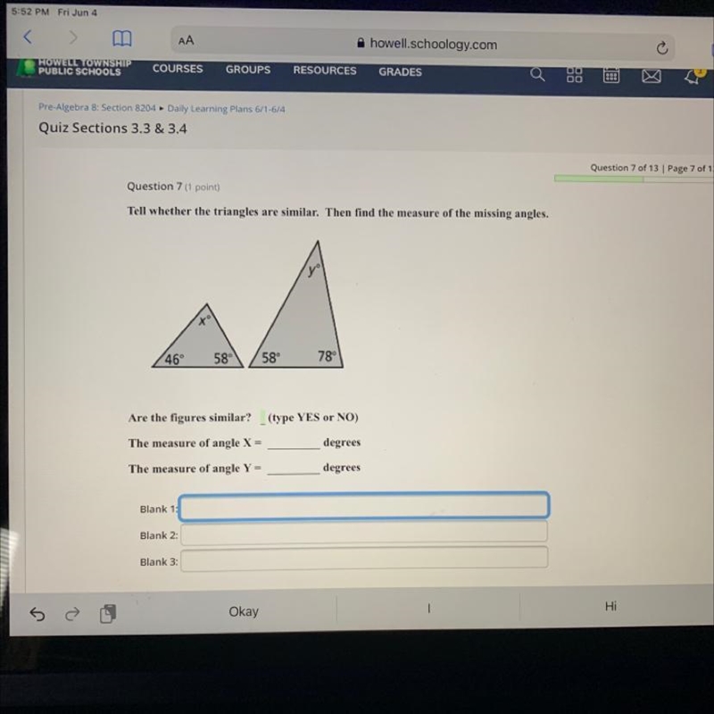 Tell whether the triangles are similar. Then find the measure of the missing angles-example-1