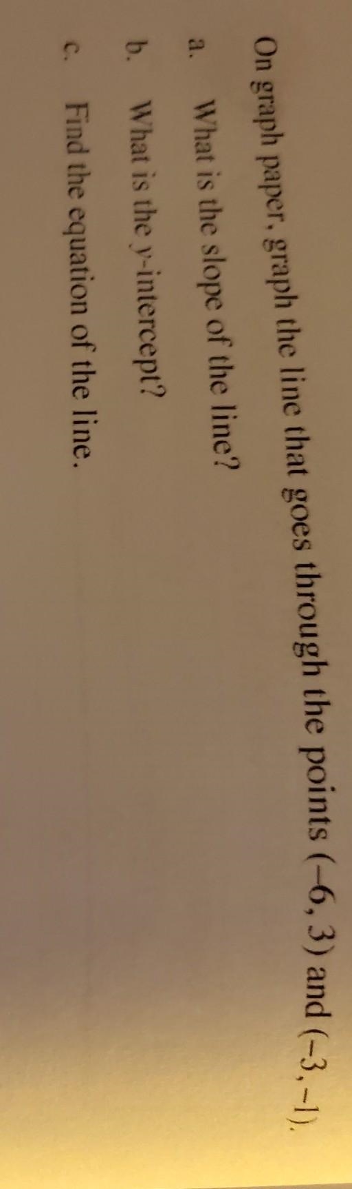 On graph paper, graph the line that goes through the points (-6, 3) and (-3, -1). a-example-1