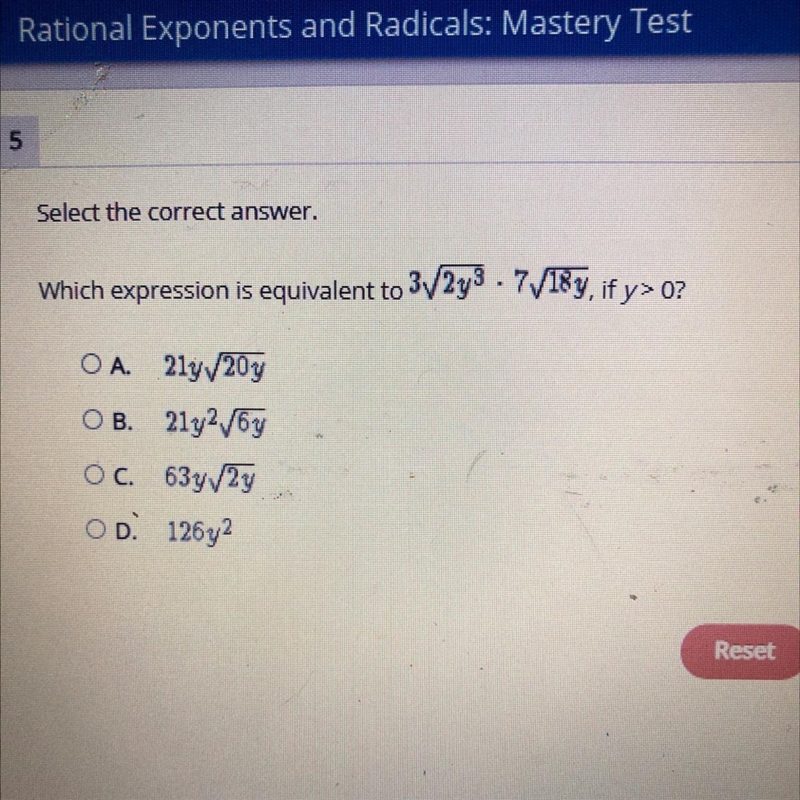 Select the correct answer.Which expression is equivalent to 3V2y3 . 7/18y, if y&gt-example-1