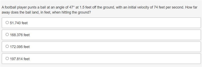 A football player punts a ball at an angle of 47° at 1.5 feet off the ground, with-example-1