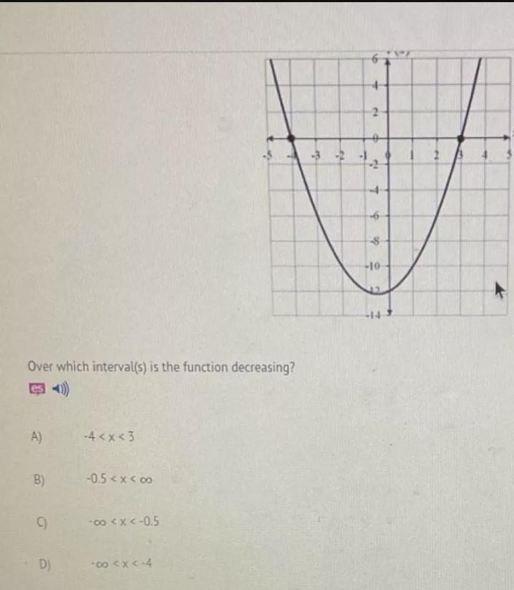 Over which interval(s) is the function decreasing?A) -4 < x < 3B) -0.5 < x-example-1