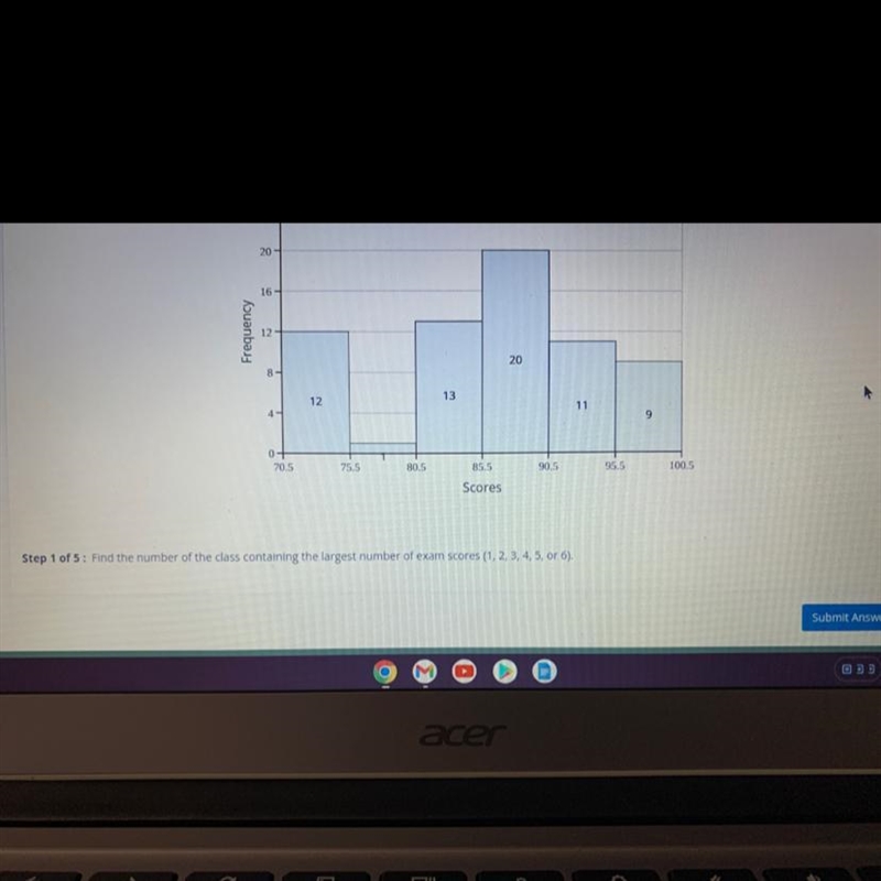 Find the number of the class containing the largest number of exam score(1,2,3,4,,5or-example-1