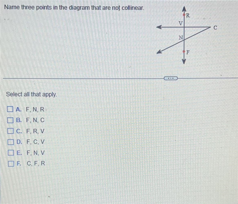 Name three points in the diagram that are not collinear. Select all that apply. A-example-1