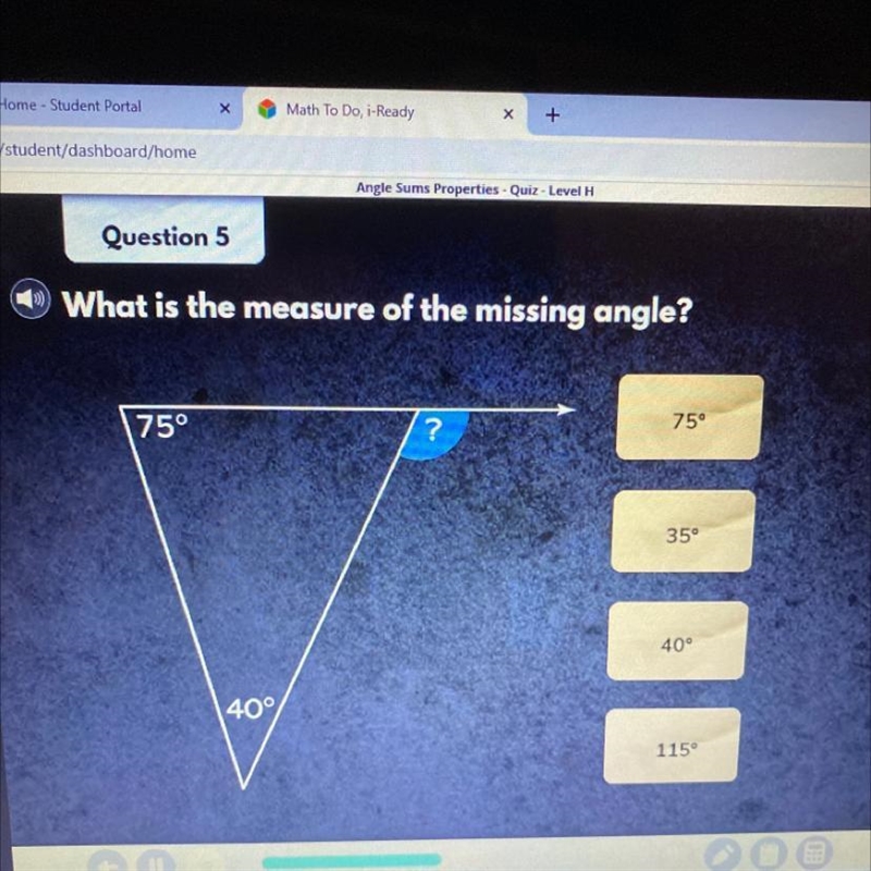 What is the measure of the missing angle-example-1