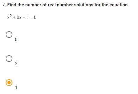 Find the number of real number solutions for the equation. x2 + 0x − 1 = 0 0 2 1-example-1