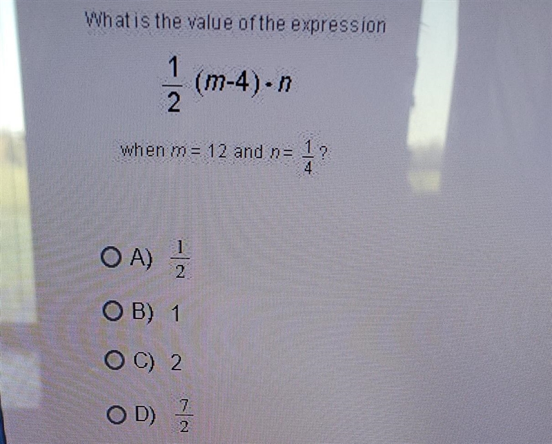 What is the value ofthe expression 1 2 (m-4).. when me 12 and na 3 4 OA) ? OB) 1 OC-example-1