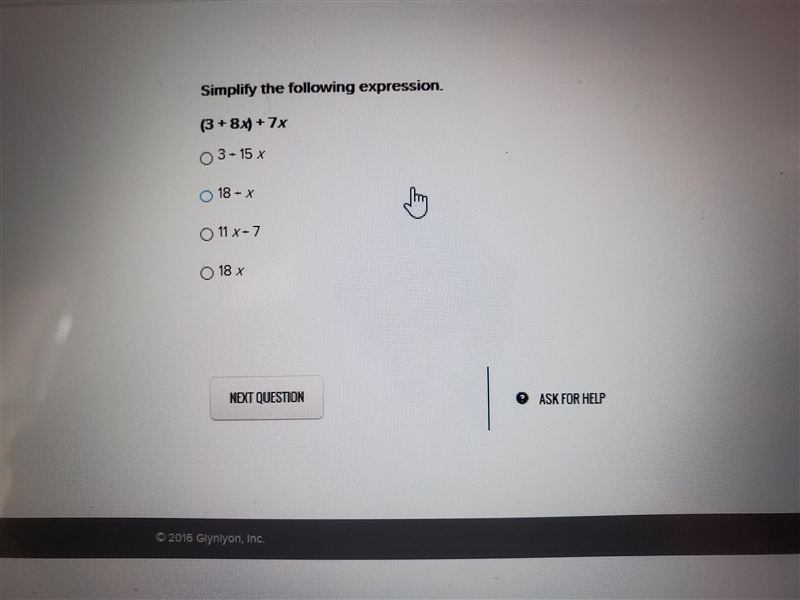 Simplify the following expression. (3 + 8 x ) + 7 x 3 + 15x 18 x 18 + x11 x + 7-example-1