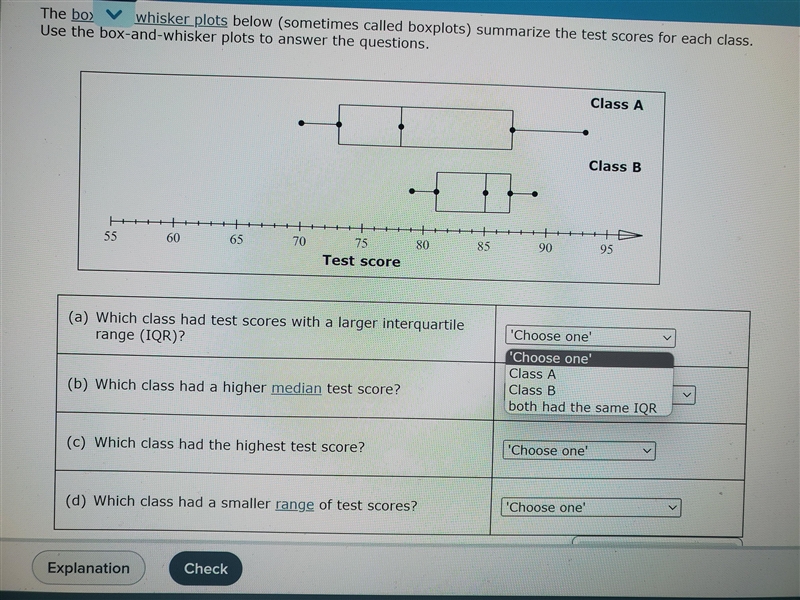 Two English classes with the same number of students took a final exam. The box-and-example-1