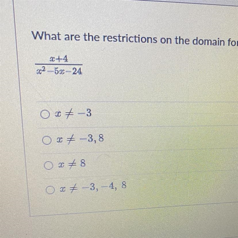 What are the restrictions on the domain for the following rational expression?-example-1