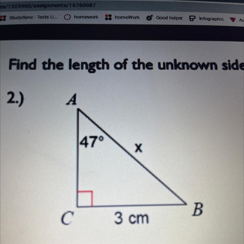 Find the length of the unknown side x using the appropriate trig ratio. Round to the-example-1