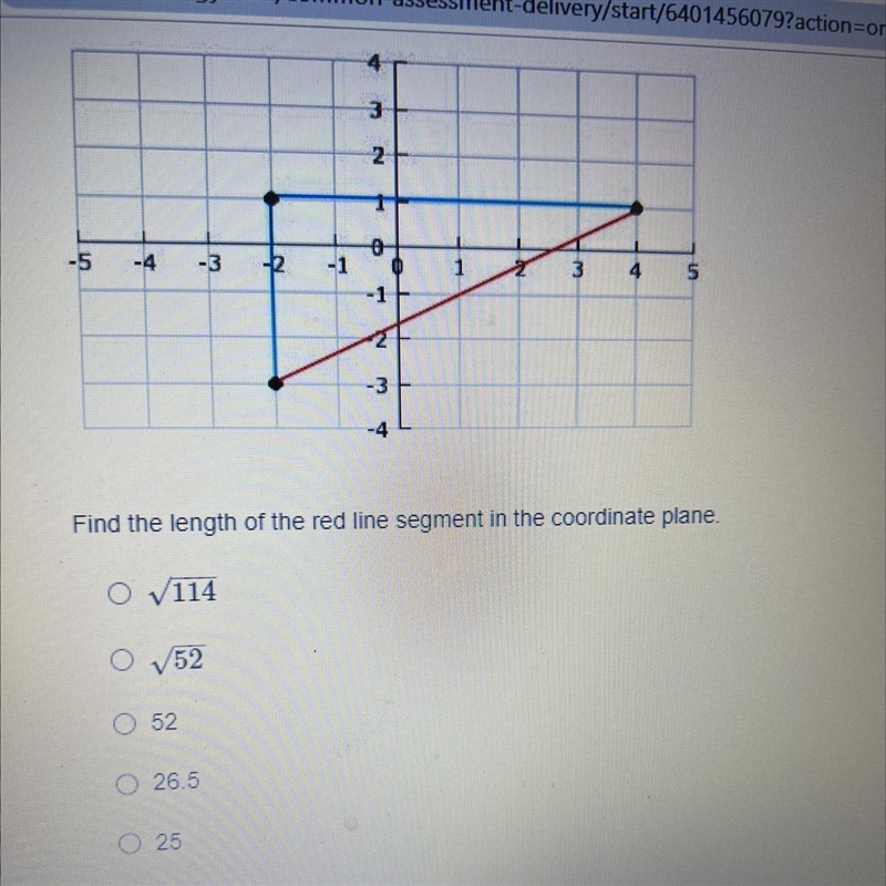 Find the length of the red line segment in the coordinate plane. O √114 O √52 O 52 O-example-1