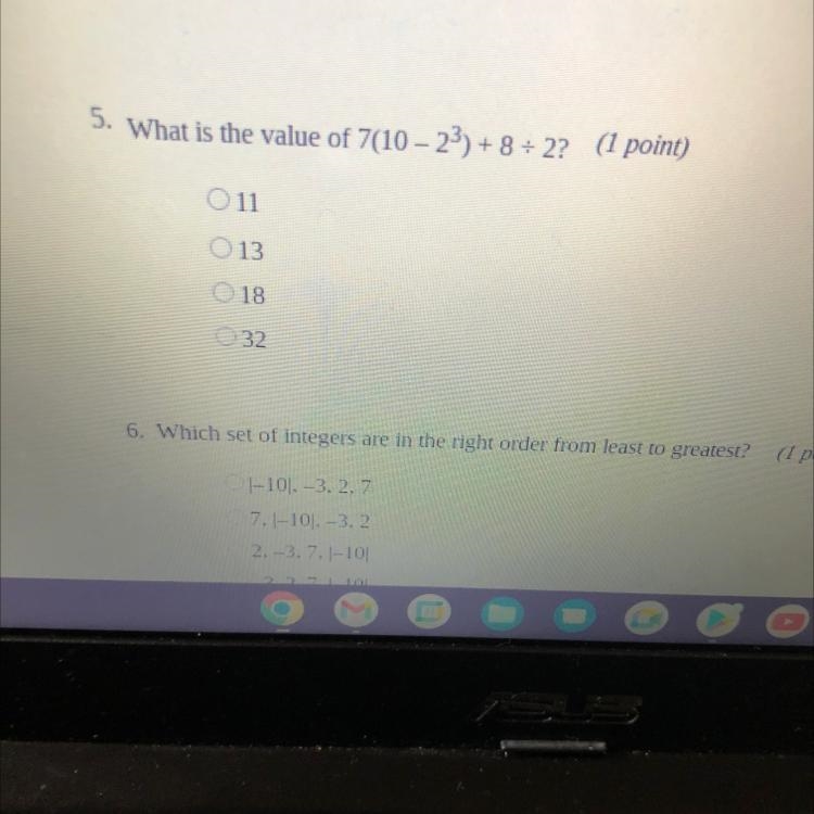 What is the value of 7(10 - 2^3) + 8 divided by 2-example-1