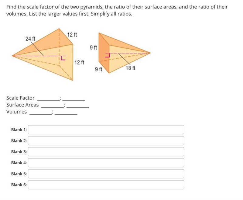 Find the scale factor of the two pyramids, the ratio of their surface areas, and the-example-1