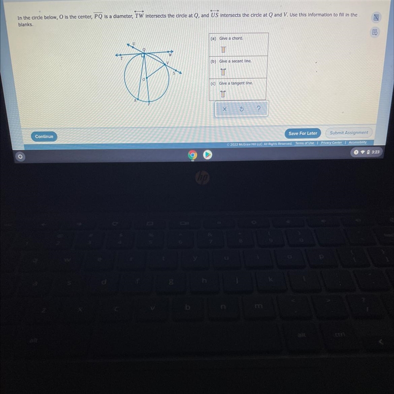 In the circle below, O is the center, PQ is a diameter, TW Intersects the circle at-example-1