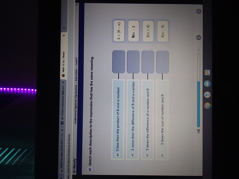 .) Match each description to the expression that has the same meaning. .) 3 less than-example-1