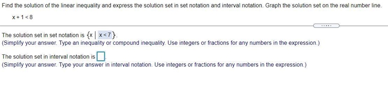 Find the solution of the linear inequality and express the solution set in set notation-example-1