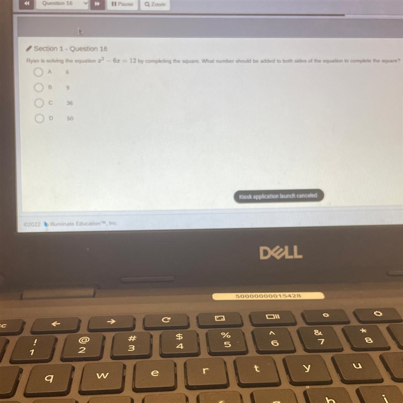 Section 1- Question 1Ryan is solving the equation - 6x = 12 by completing the square-example-1