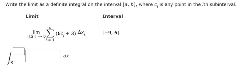 Write the limit as a definite integral on the interval [a, b], where ci is any point-example-1