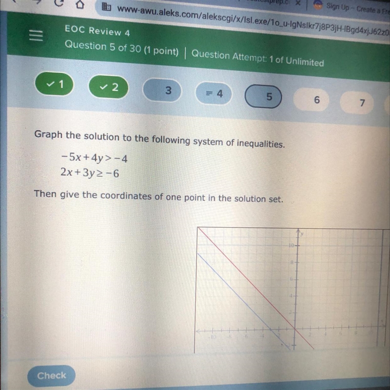 Graph the solution to the following system of inequalities. -5x+4y> -4 2x+3y2-6 Then-example-1