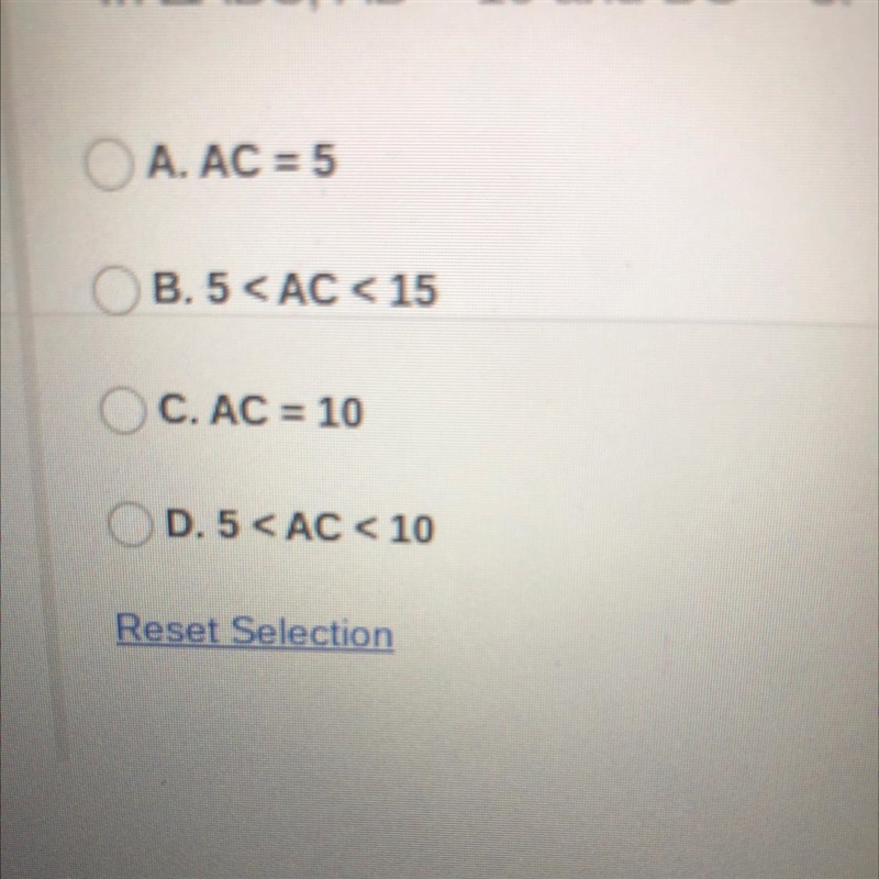 In ABC, AB = 10 and BC = 5. Which expression is always true?-example-1