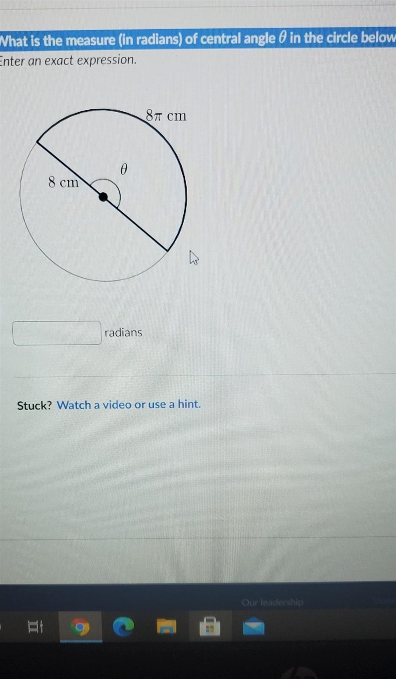 What is the measure in radians of central angle 0 in the circle below-example-1