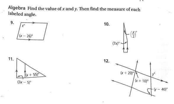 Algebra Find the value of x and y. Then find the measure of each labeled angle.-example-1