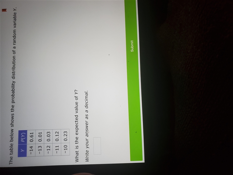 The table below shows the probability distribution of a random variable Y. Y P(Y) -14 0.61 -13 0.01 -12 0.03 -11 0.12 -10 0.23 What-example-1