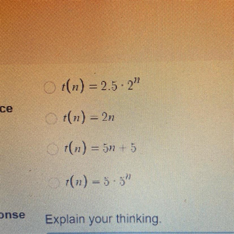 Which of the following explicit equations represents the sequences -5,10,20,40 EXPLAIN-example-1