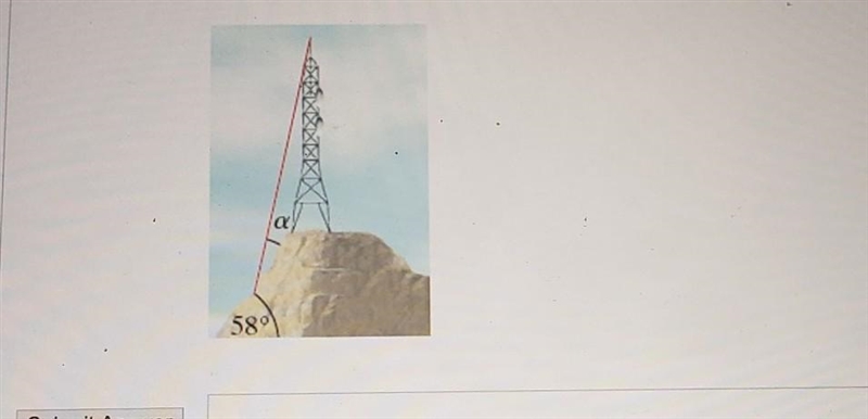 A communications tower is located at the top of a steep hill, as shown. The angle-example-1