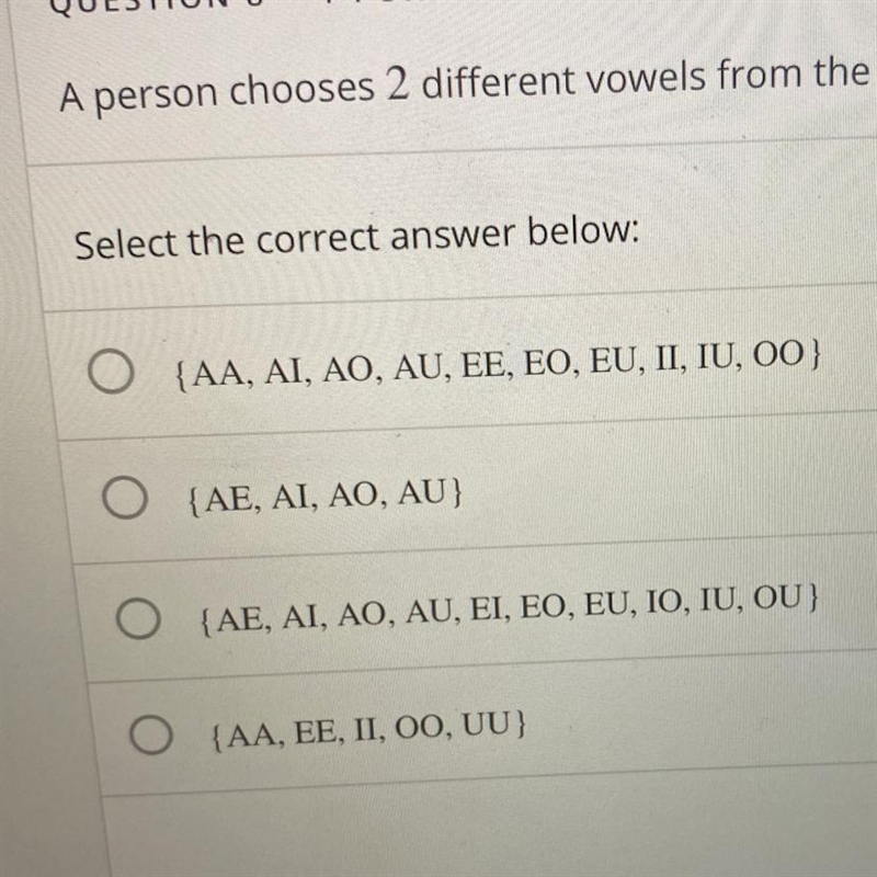 A person chooses 2 different vowels from the alphabet. What is the sample space in-example-1