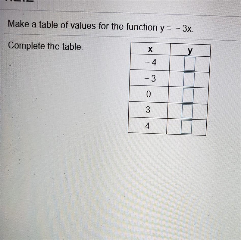 Make a table of values for the function y=-3x. complete the table x -4,-3,0,3,4-example-1