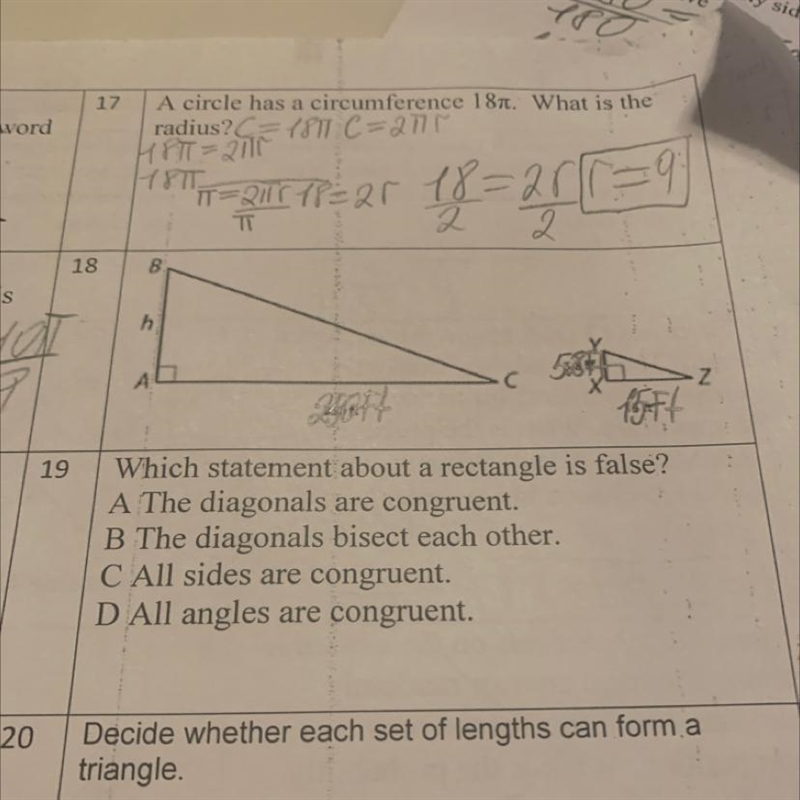 Pls help with number 18 AC is 250 ft XZ is is 15 ft. XY is 5.8 ft-example-1