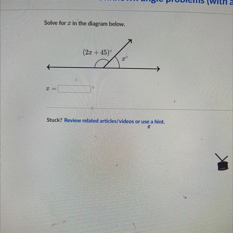 Unknown angle problems (with ale Solve for I in the diagrarn below. (24 + 45) f TE-example-1