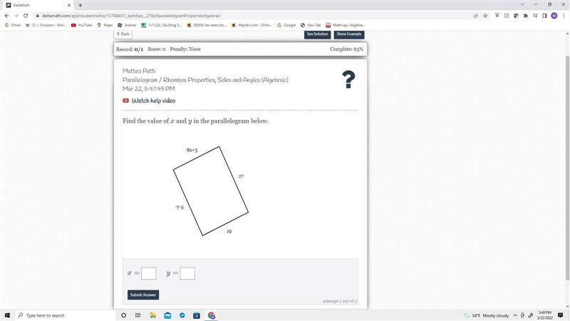 Find the value of xxx, yyy, and zzz in the parallelogram below.-example-1