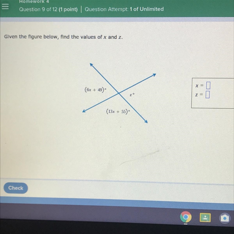 Given the figure below, find the values of x and z.(6x +49)(13x + 55)-example-1