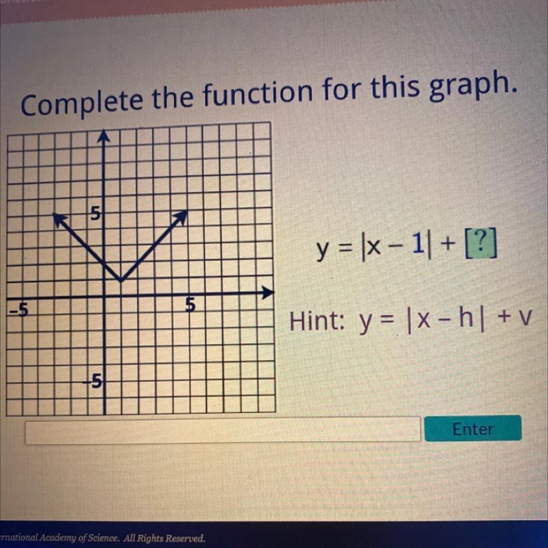 Complete the function for this graph. y = |x-1| + [?] Hint: y = |x-h| + v-example-1