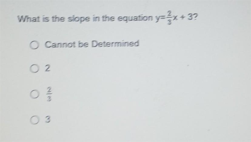 What is the slope in the equation y=2\3x + 3?-example-1