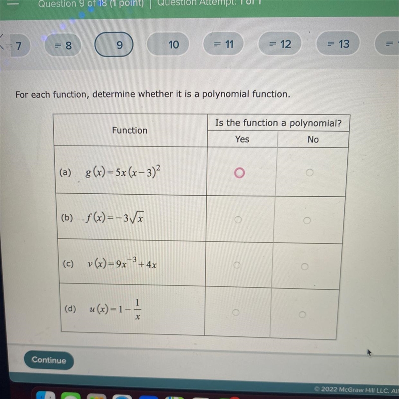 For each function, determine whether it is a polynomial function.Function(a) g(x) = 5x-example-1