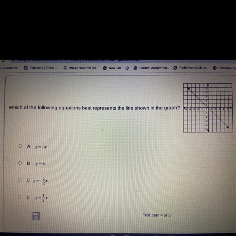 Which of the following equations best represents the line shown in the graph?O A y-example-1