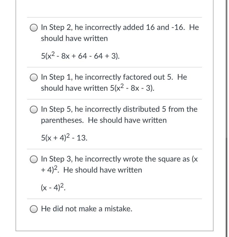 Cedaric completed the square for the quadratic expression 5x2 - 40x + 15, as shown-example-2