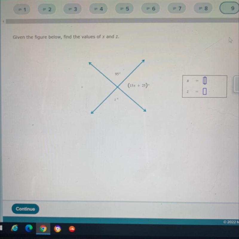 Given the figure below , find the blues of x and z-example-1