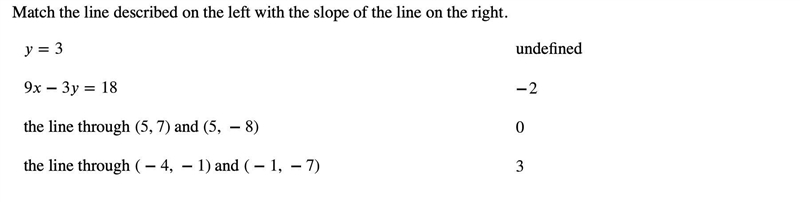 please help me match the line described on the left with the slope of the line on-example-1